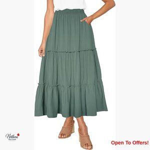 High Waist A Line Ruffle Swing Maxi Skirt with Pockets